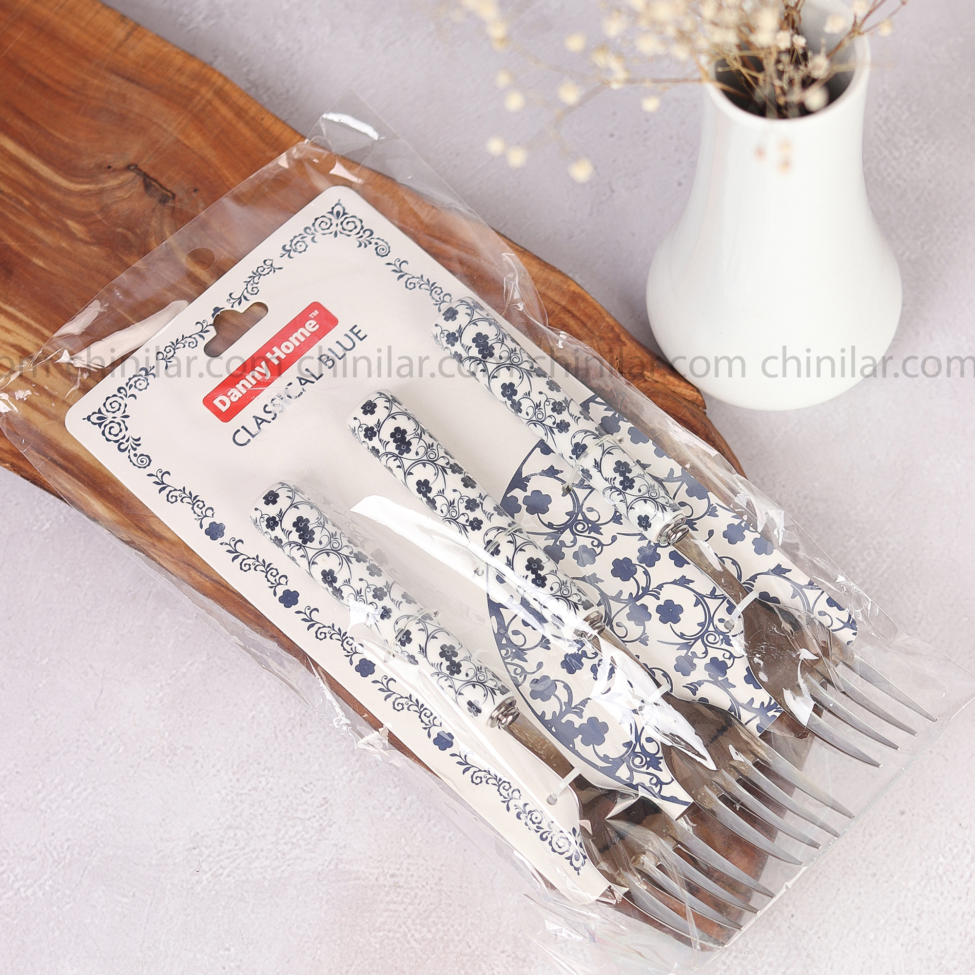 چنگال غذا 3 تایی استیل دسته گل آبی دنی هوم