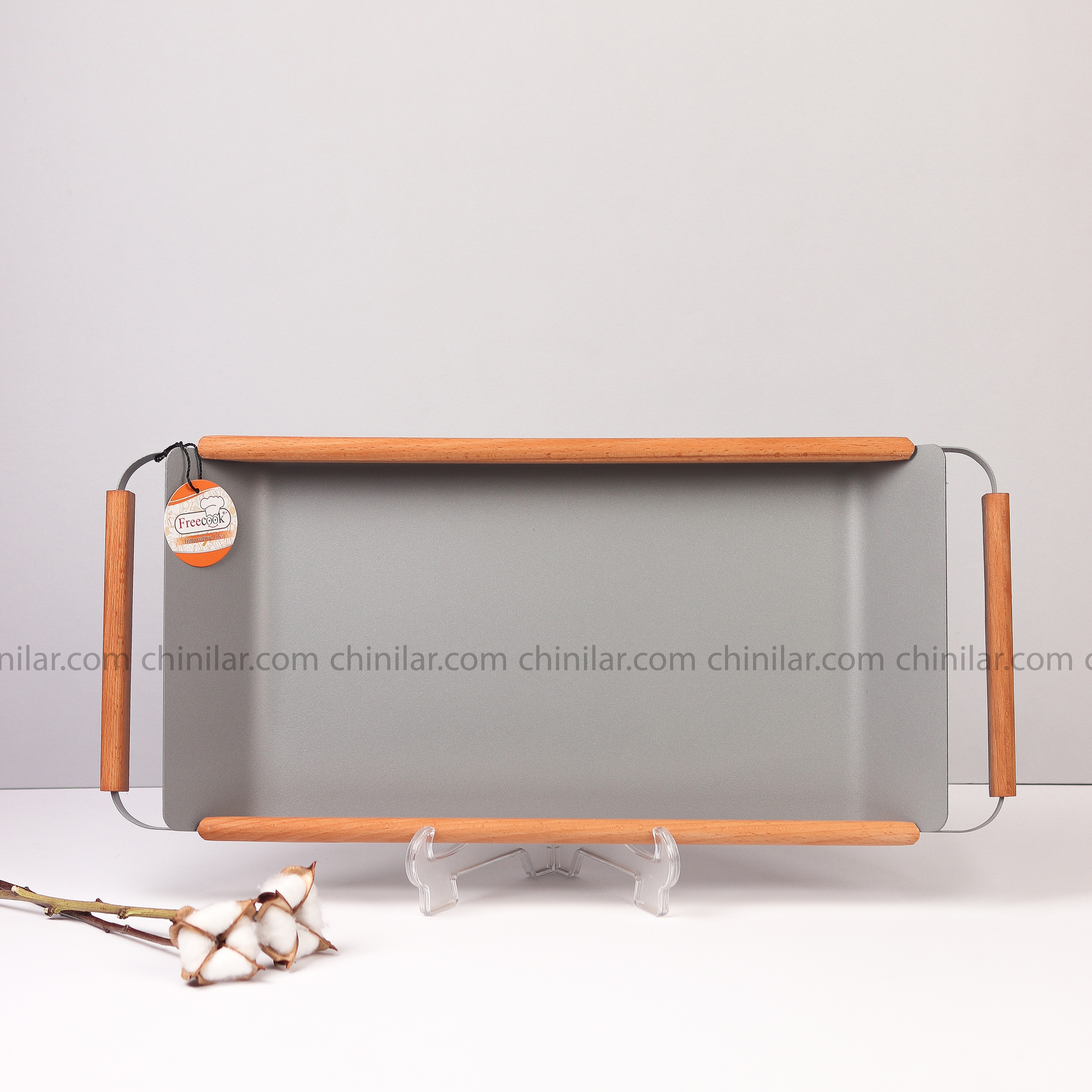 سینی ونیس مستطیل فری کوک سایز متوسط رنگ طوسی دسته چوبی