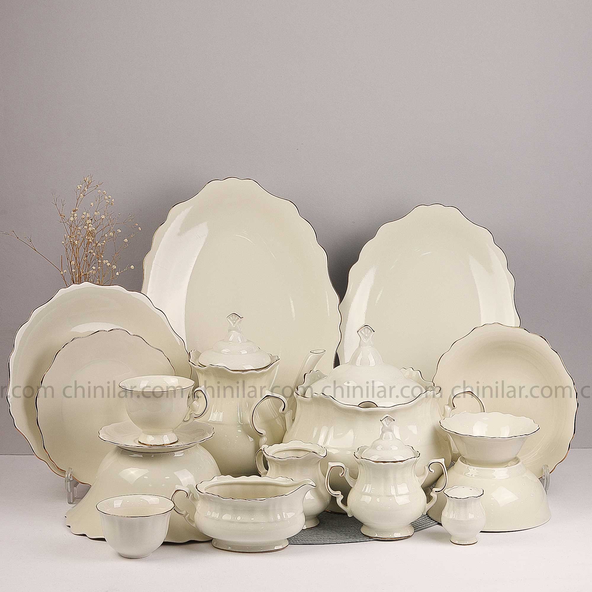 سرویس 12 نفره 60 پارچه چینی استخوانی ورت وول طرح خط طلا