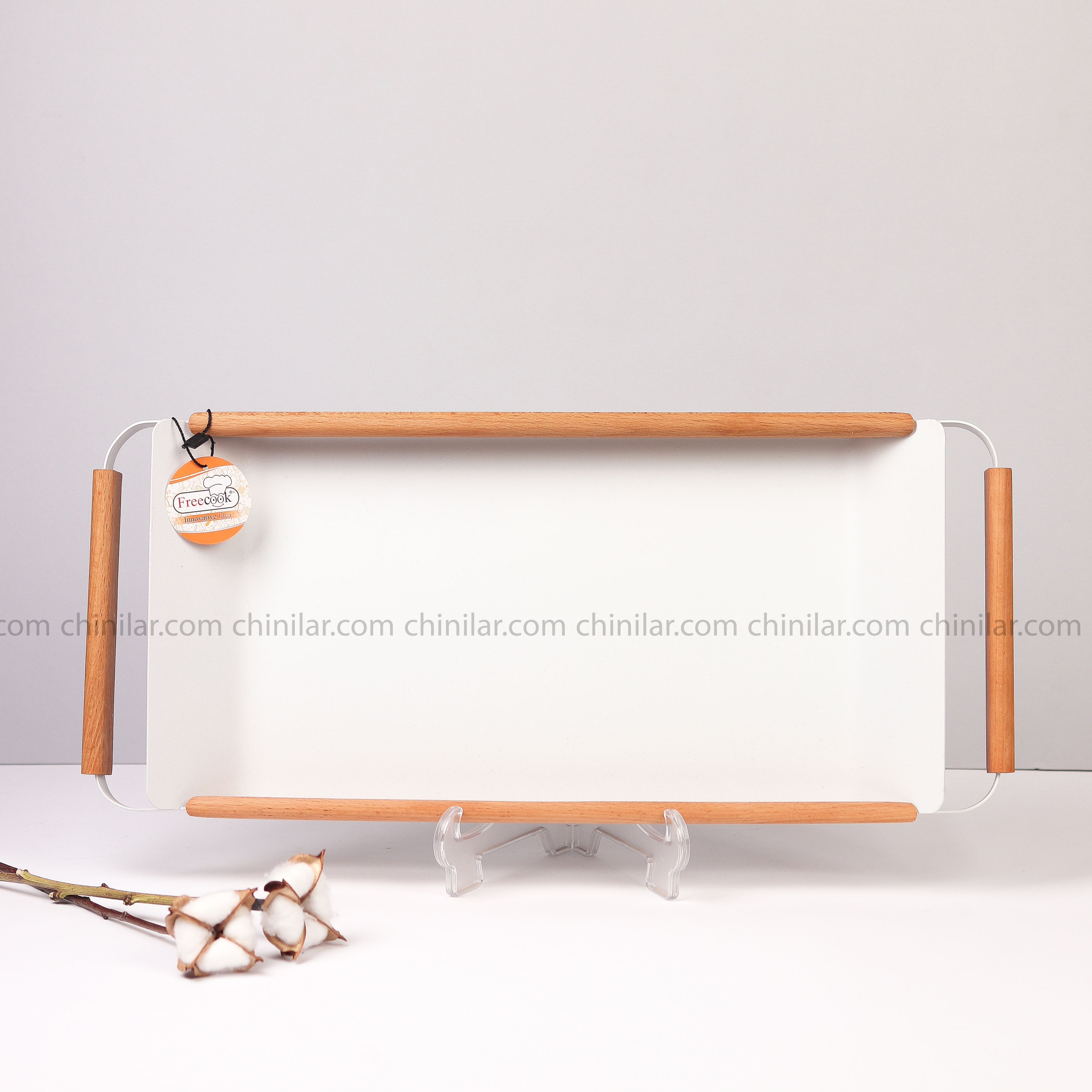 سینی ونیس مستطیل فری کوک سایز متوسط رنگ سفید دسته چوبی