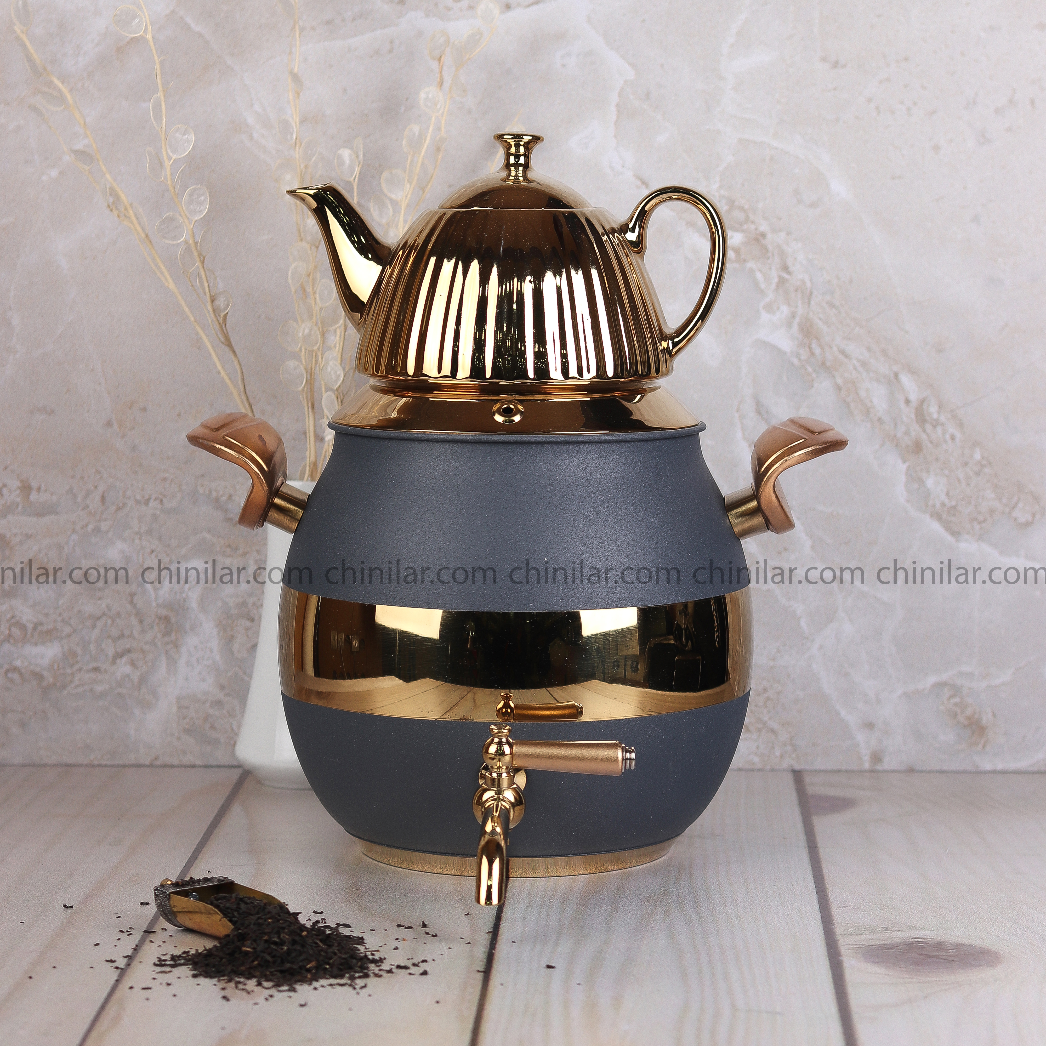 کتری و قوری استیل توپی خط طلایی تیتیل