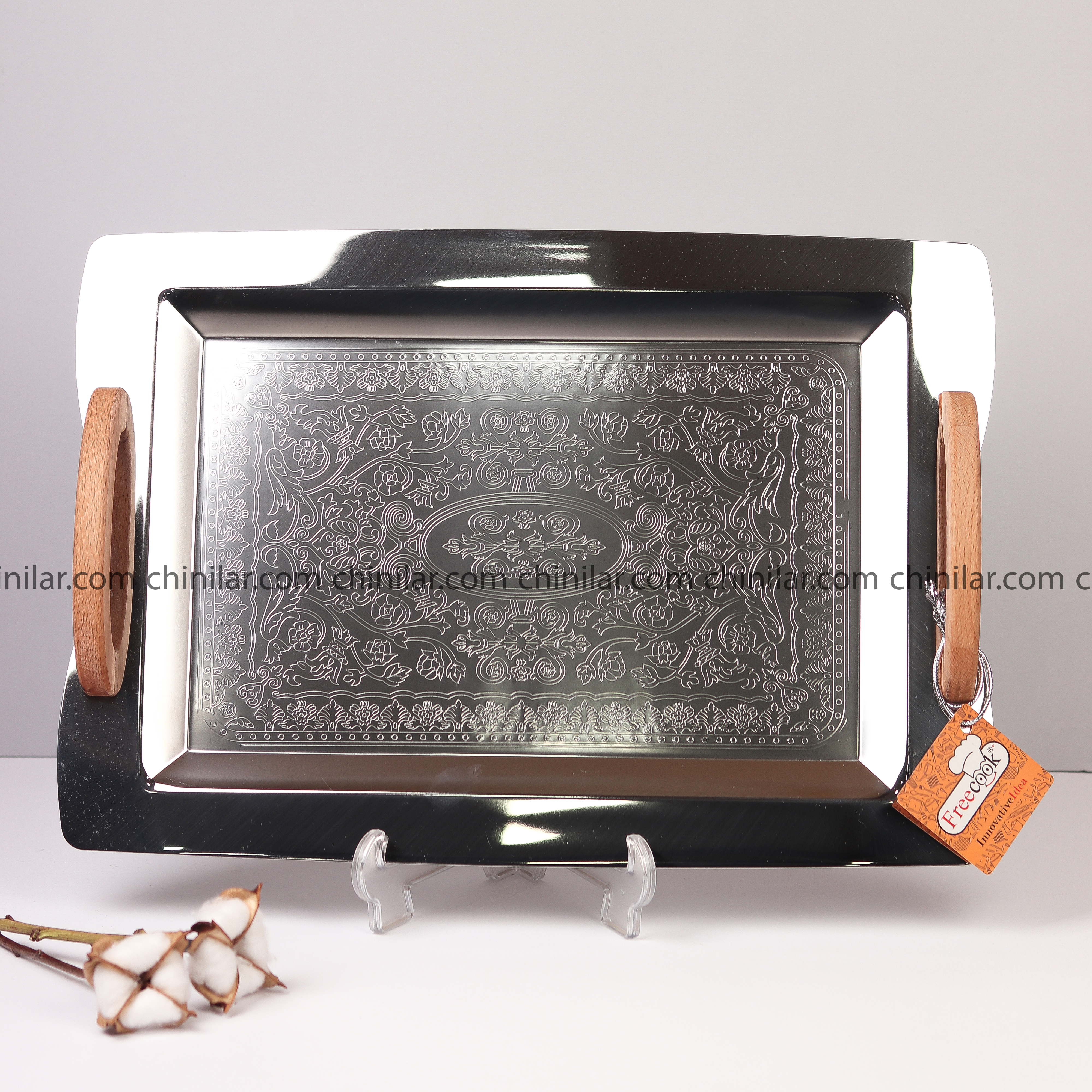 سینی استیل مستطیل فری کوک سایز بزرگ دسته چوبی