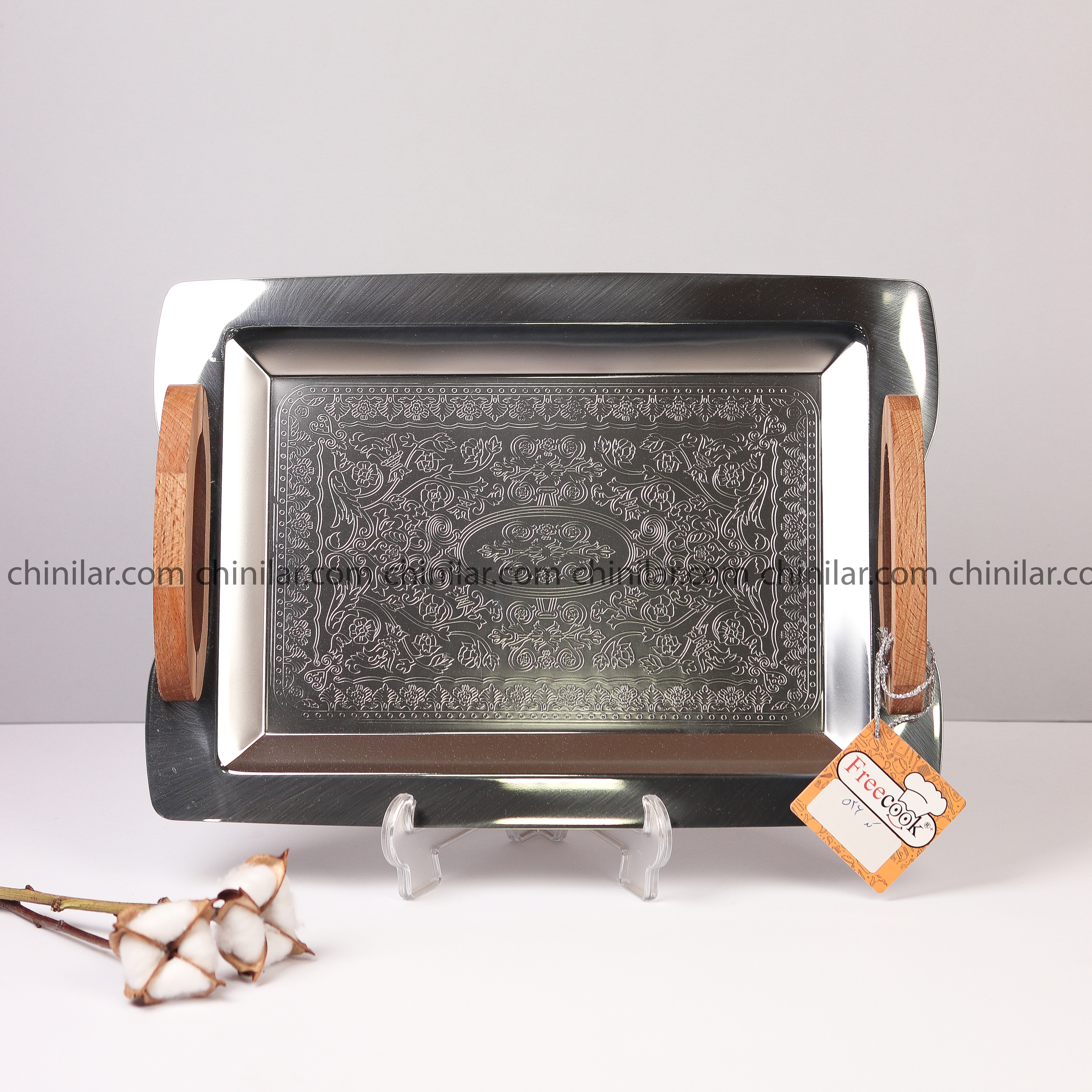 سینی استیل مستطیل فری کوک سایز کوچک دسته چوبی